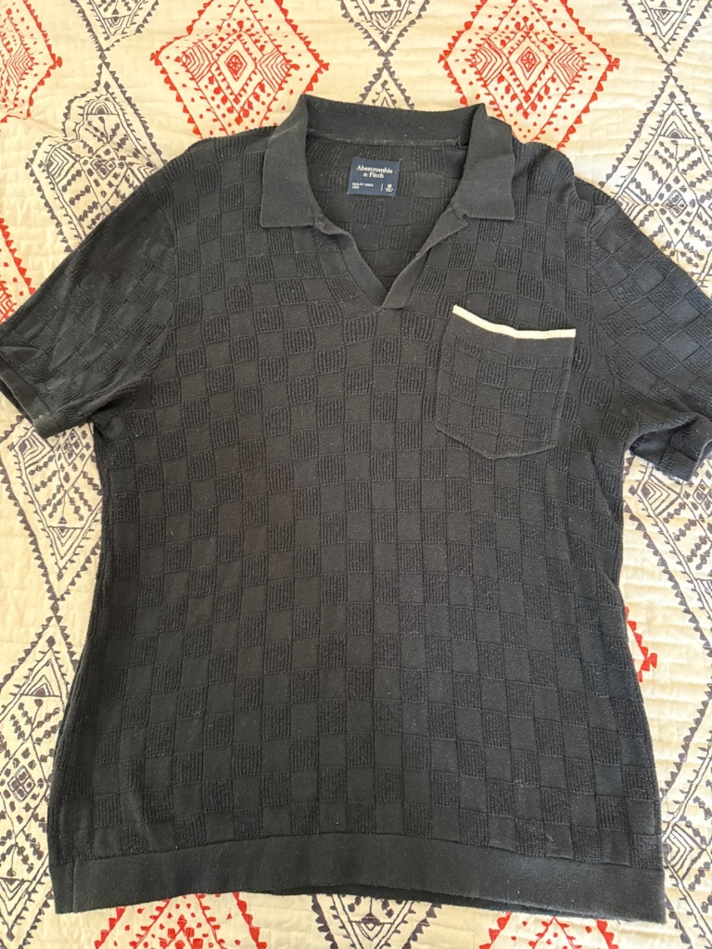Abercrombie & Fitch Black Textured Short-Sleeve Polo with Contrast Trim